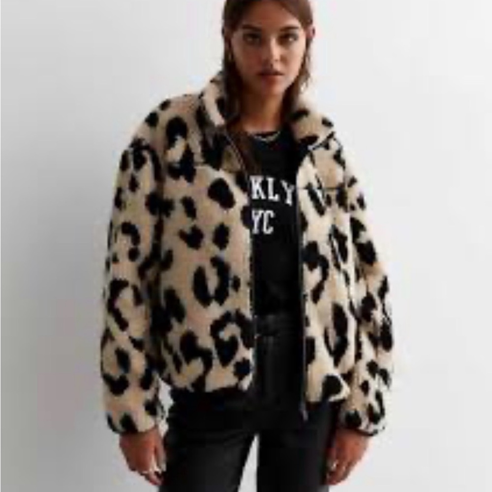 Forever 21 Leopard-Print Fleece  Bomber Teddy Jacket Sz Oversized S